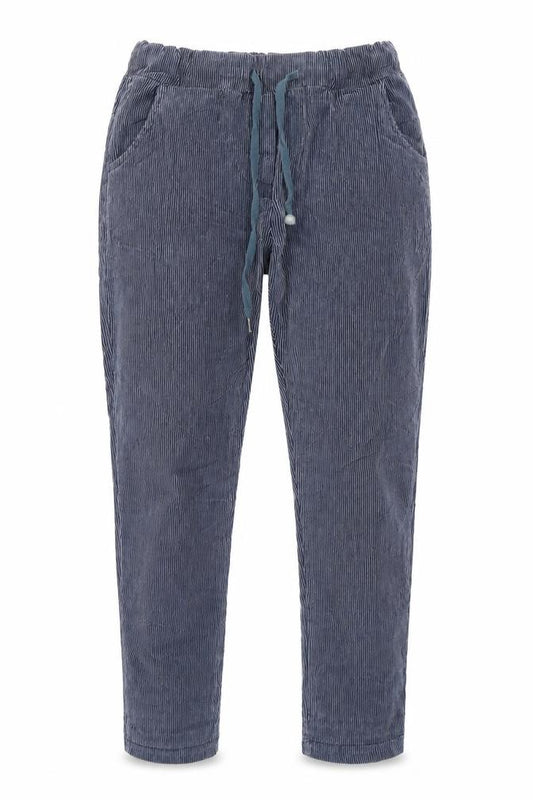 Front view of Made In Itlay women’s blue striped tapered jeans, size UK 26, in, 26-inch leg