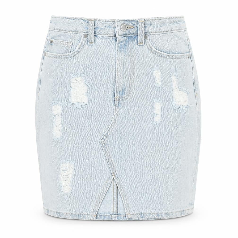 Front view of H&M women’s blue denim straight & pencil skirt, size UK 6, - distressed