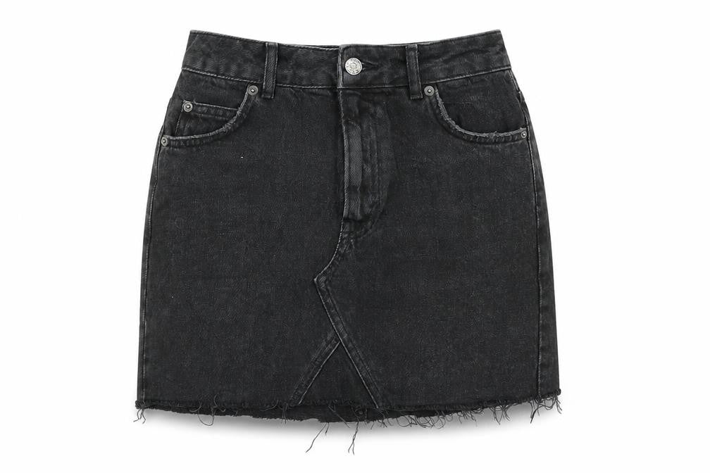 Front view of Topshop women’s black denim a-line skirt, size UK 8