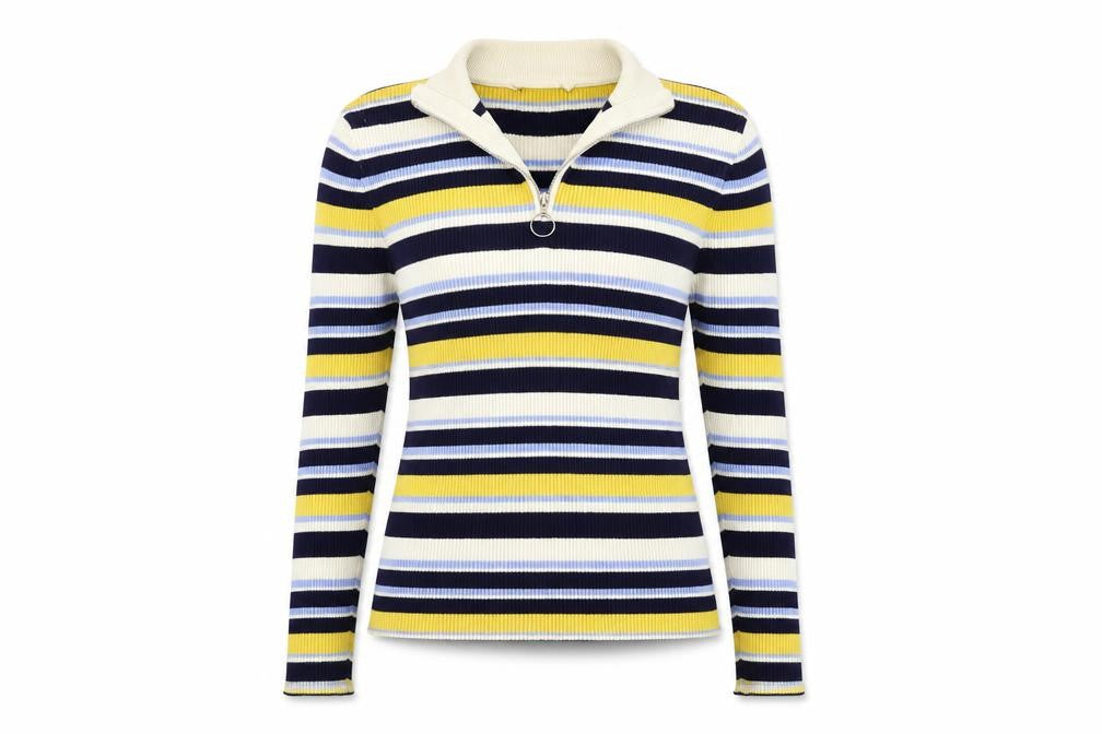Front view of Miss Selfridge women’s yellow striped knit jumper, size UK 10