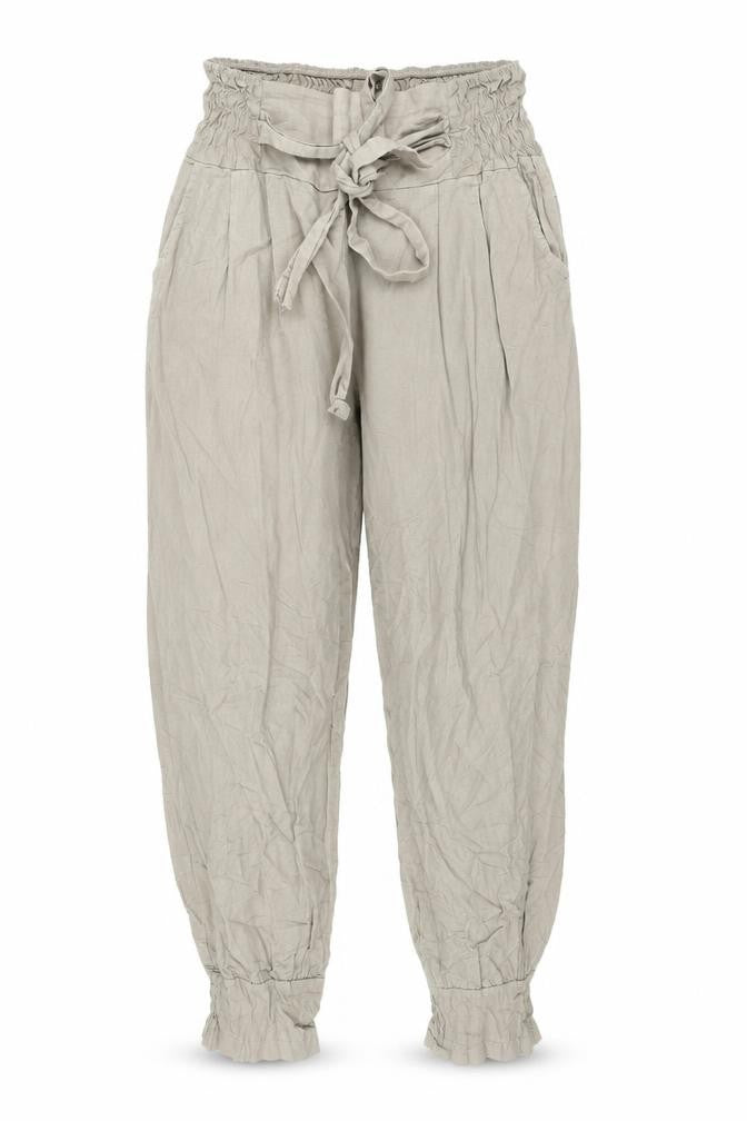 Front view of Preworn women’s grey trousers, size UK 30, in, 25-inch leg