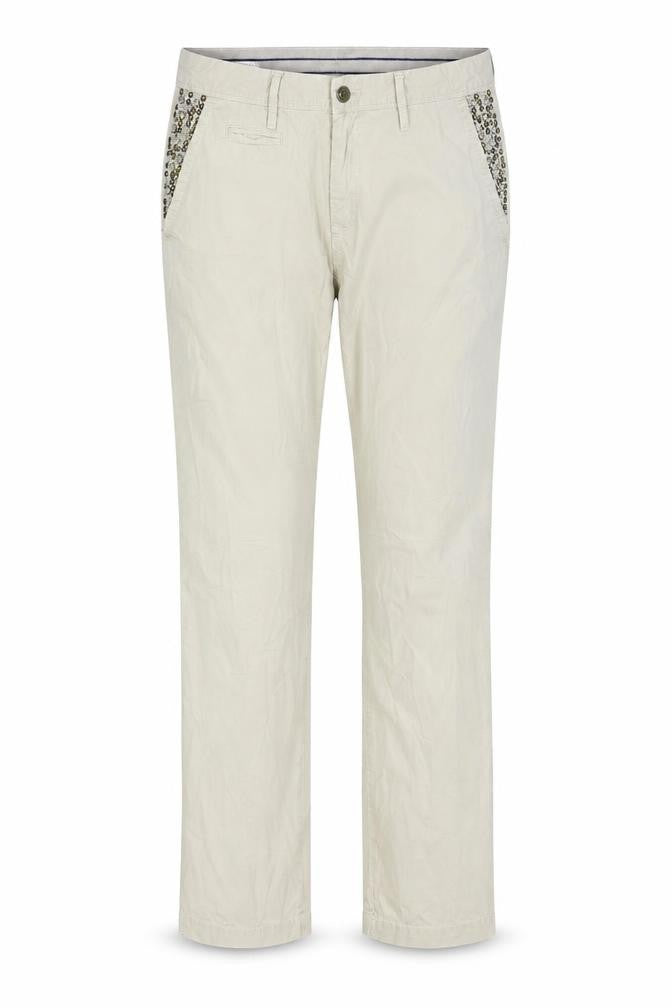 Front view of Take.Two women’s beige trousers, size UK 30, in, 29-inch leg