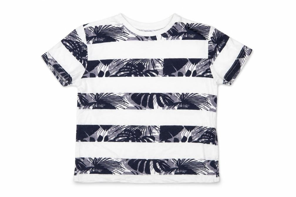 Front view of Primark boys’ multicoloured striped basic t-shirt, size 5-6, years