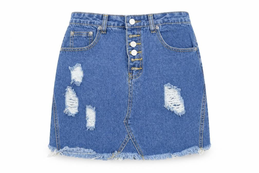 Front view of PRETTYLITTLETHING women’s blue mini skirt, size UK 8, - ripped skirt