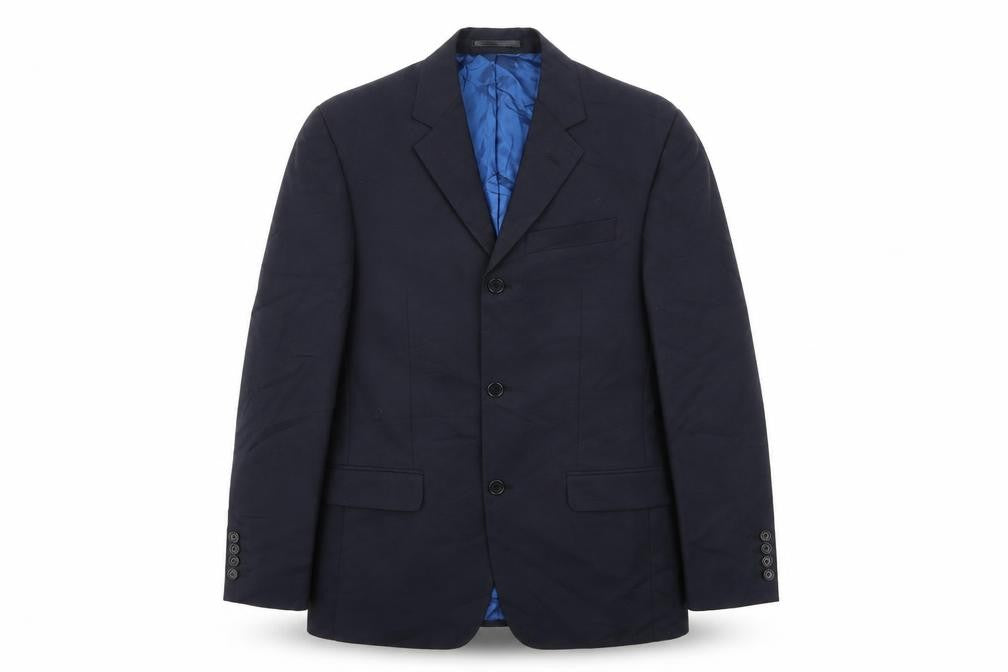 Front view of lino verra men’s blue jacket blazer, size 34