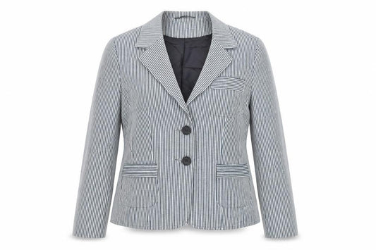 Front view of Preworn women’s blue striped jacket blazer, size UK 10