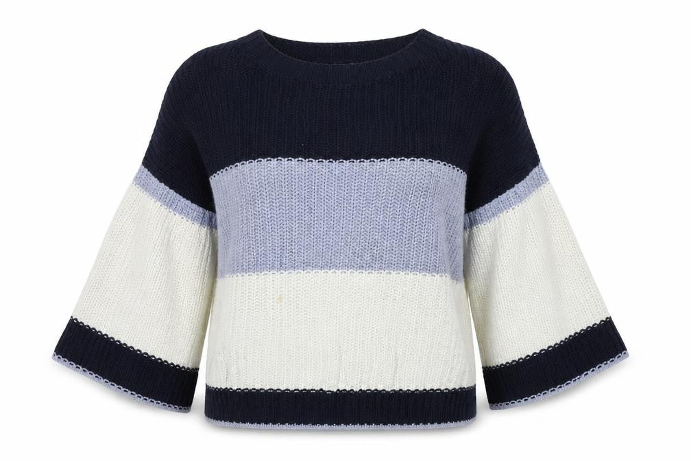 Front view of Marks & Spencer women’s blue striped jumper, size M