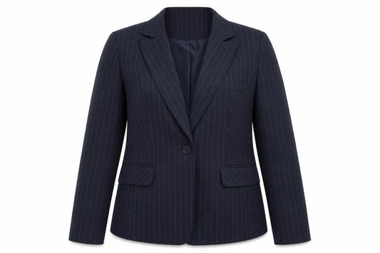 Front view of YFN Collection women’s blue striped jacket suit jacket, size UK 16