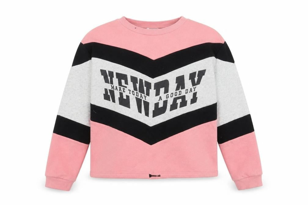 Front view of H&M girls’ pink pullover sweatshirt, size 12-13, years - make today a good day