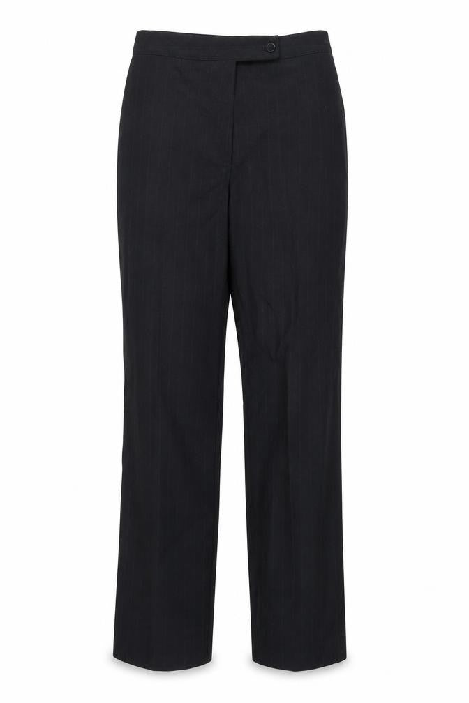 Front view of Sky Designs women’s black striped trousers, size UK 10, 29-inch leg