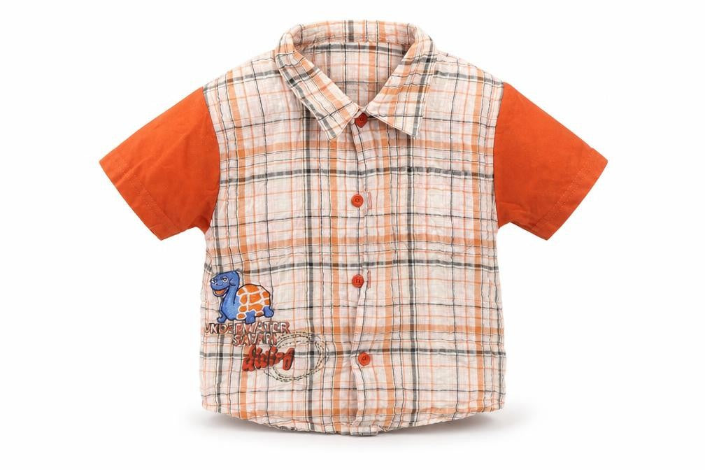 Front view of Twinnies Baby Orange Check Basic Button-Up, size 12-18, Months - Safari Animals