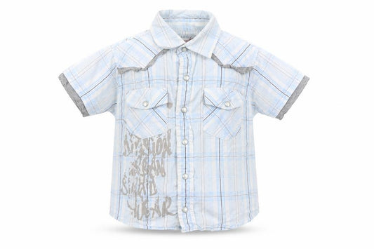 Front view of Rebel boys’ blue check basic button-up, size 2-3, years
