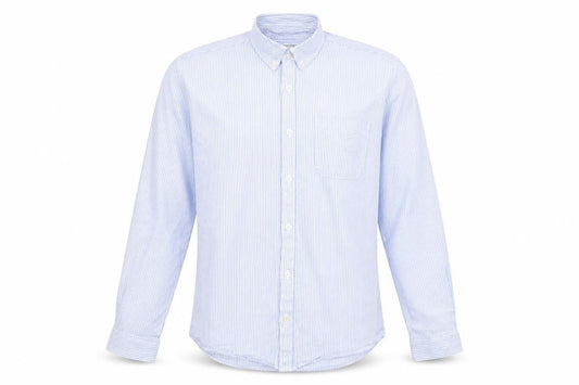 Front view of River Island men’s blue striped button-up, size L