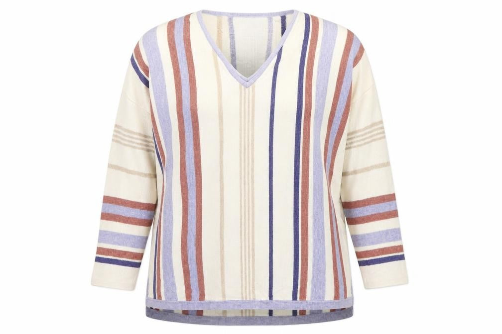 Front view of Marks & Spencer women’s beige striped jumper, size UK 14