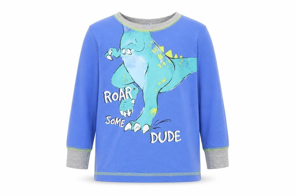 Front view of Matalan girls’ blue basic t-shirt, size 4-5, years - dinosaur