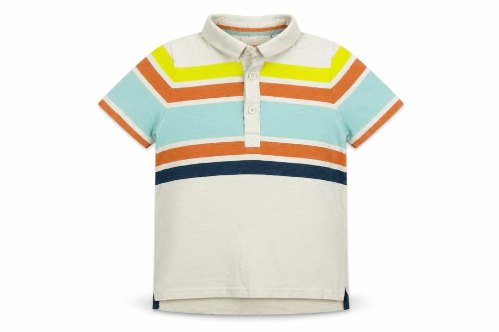 Front view of Tu boys’ beige striped basic polo, size 5-6, years