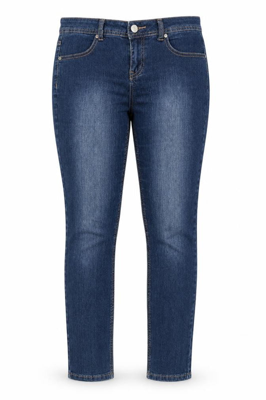 Front view of Denim 24/7 women’s blue denim skinny jeans, size UK 10, 26-inch leg