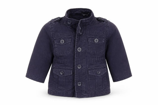 Front view of Gap boys’ blue military jacket coat, size 12-18, months