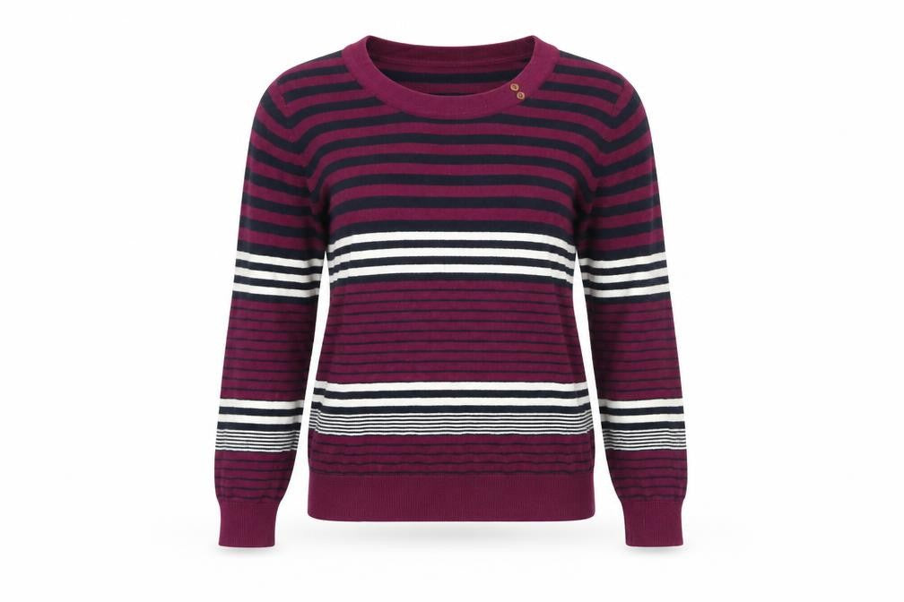 Front view of EWM women’s purple striped jumper, size M