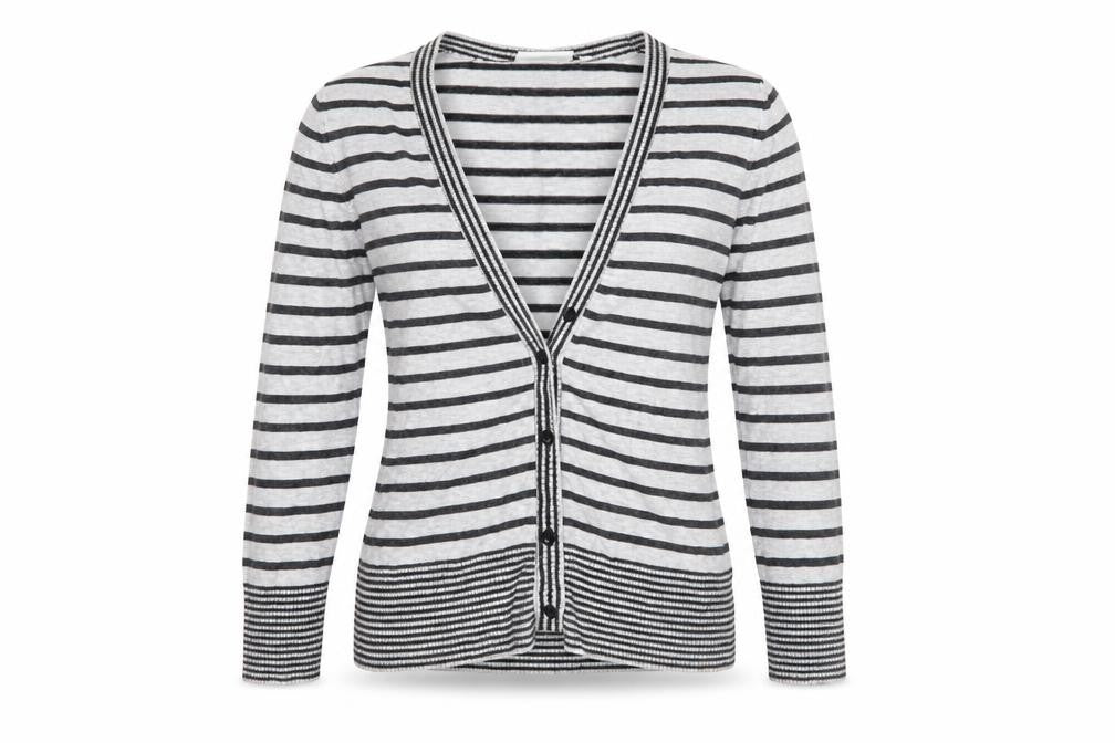 Front view of New Look women’s grey striped cardigan jumper, size UK 10