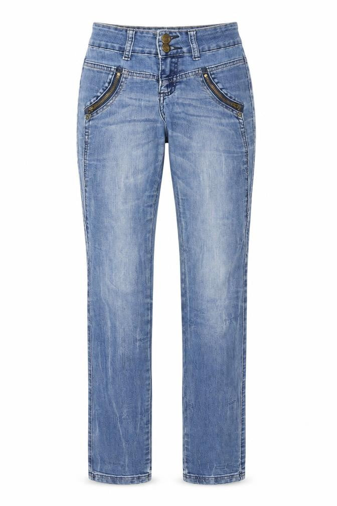 Front view of Troll women’s blue denim straight jeans, size UK 34, 31.5-inch leg
