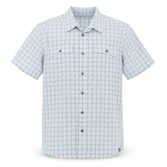 Front view of EASTERN MOUNTAIN SPORTS men’s blue check button-up, size L