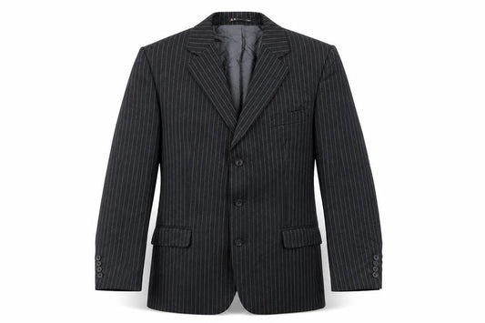 Front view of Oaks men’s grey striped jacket blazer, size 42, - shoulder pads