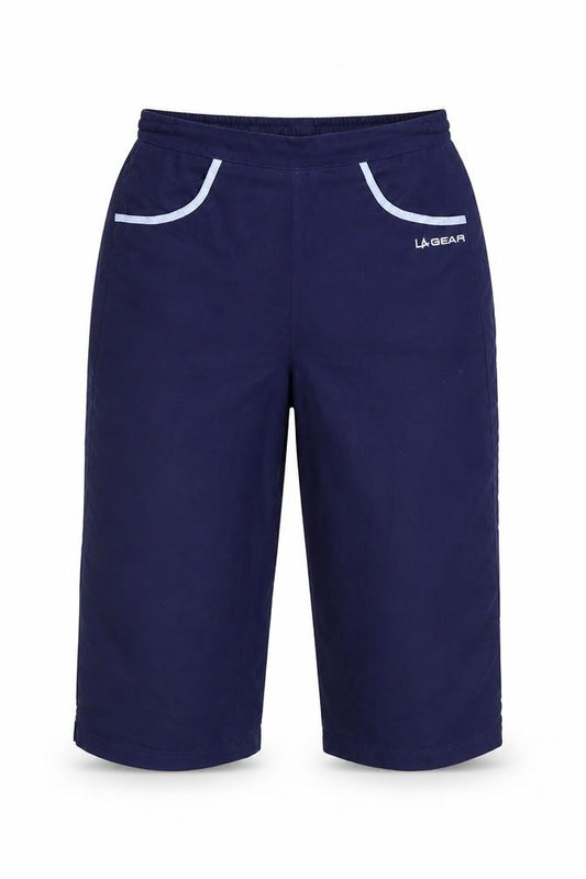 Front view of LA Gear women’s blue bermuda shorts, size S, - elastic waist band