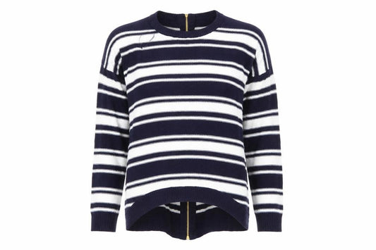 Front view of Brave Soul women’s multicoloured striped jumper, size UK 12, - brave soul london - zip back sweater