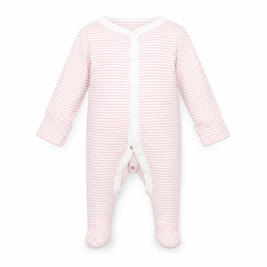 Front view of Marks & Spencer Baby Pink Striped Babygrow One-Piece, size 3-6, Months
