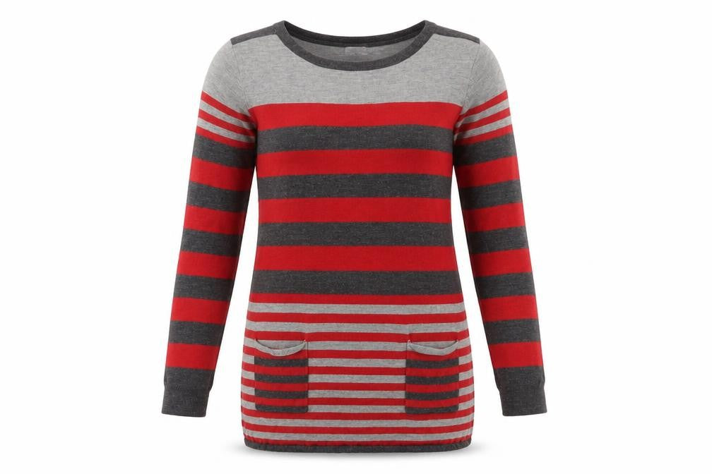 Front view of mimosa women’s multicoloured striped jumper, size L
