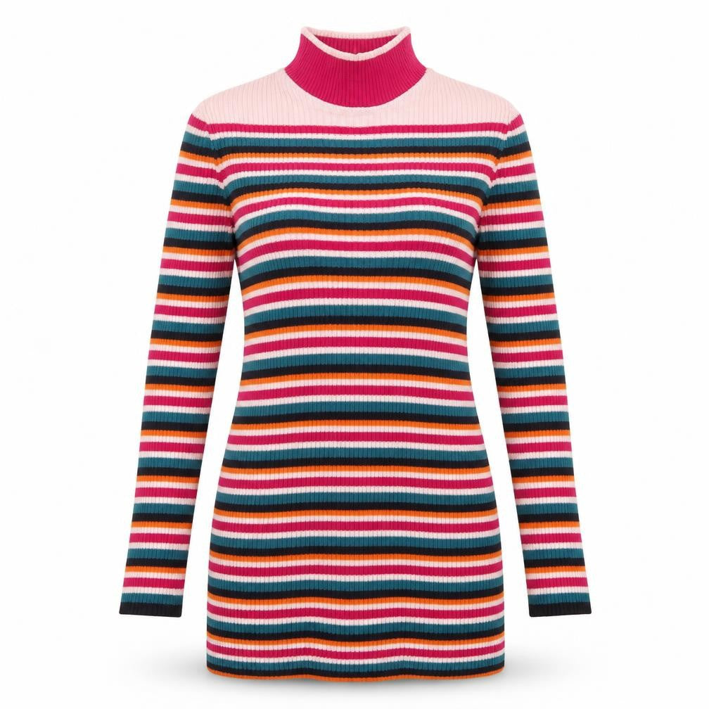 Front view of rokoko women’s multicoloured striped jumper, size XS