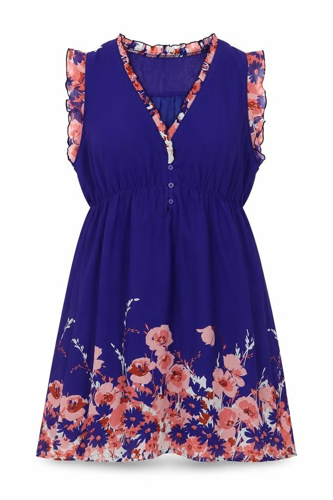 Front view of Aprico women’s blue floral shift, size M