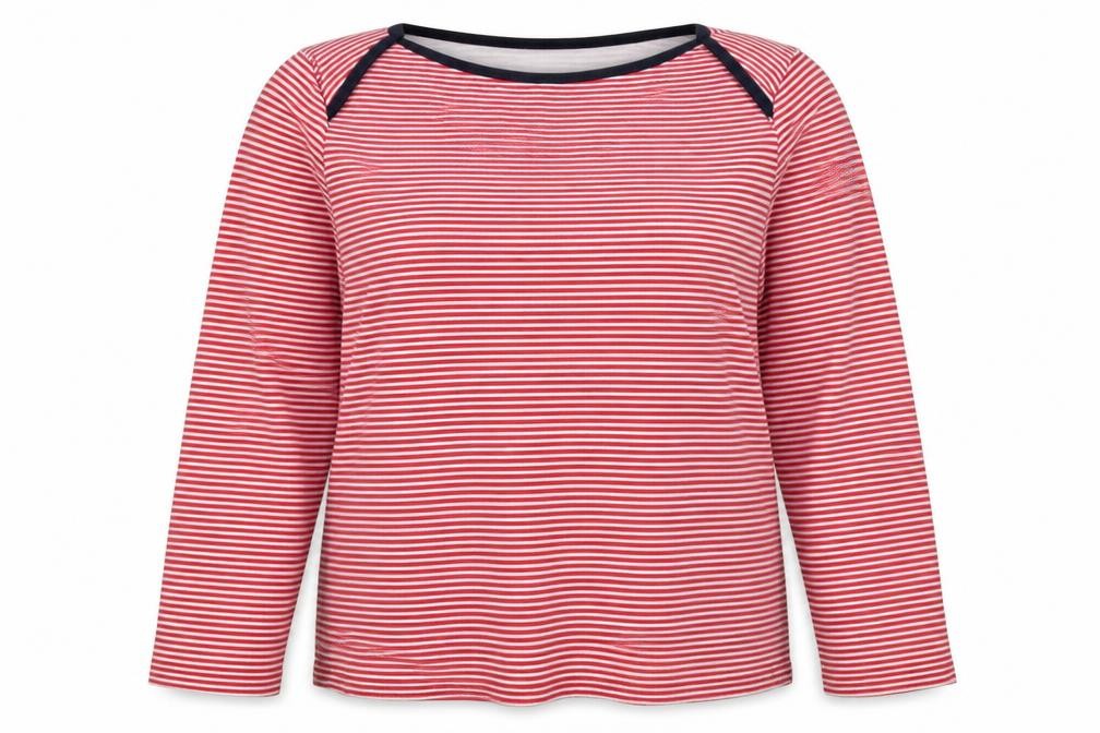Front view of Fashion extra women’s red striped jumper, size UK 14