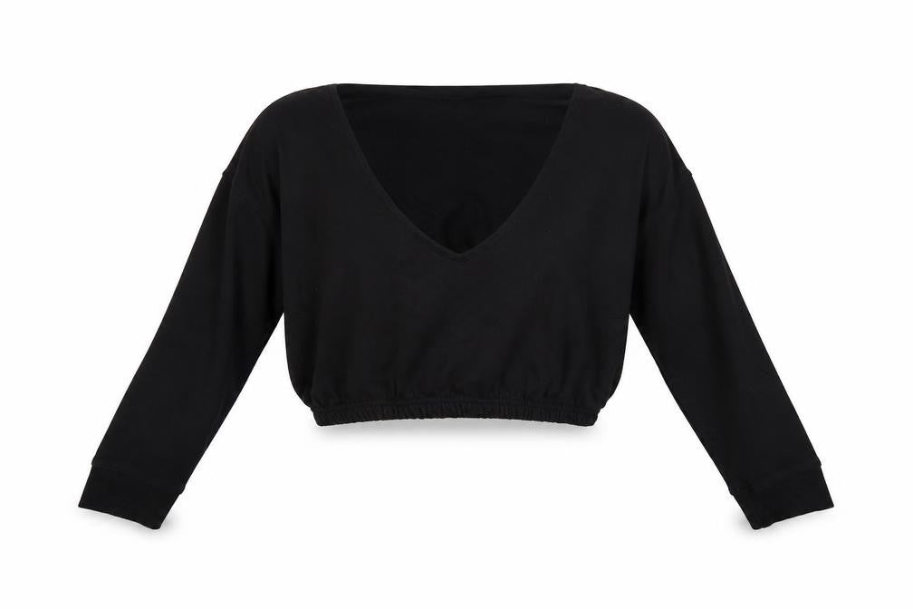Front view of Missguided women’s black pullover sweatshirt, size UK 14, - cropped