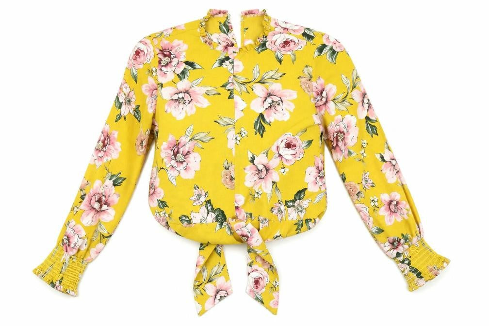 Front view of Primark women’s multicoloured floral wrap blouse, size UK 10, - wrap front style