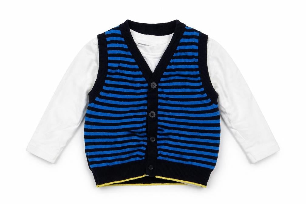 Front view of Mothercare boys’ multicoloured striped jumper, size 9-12, months