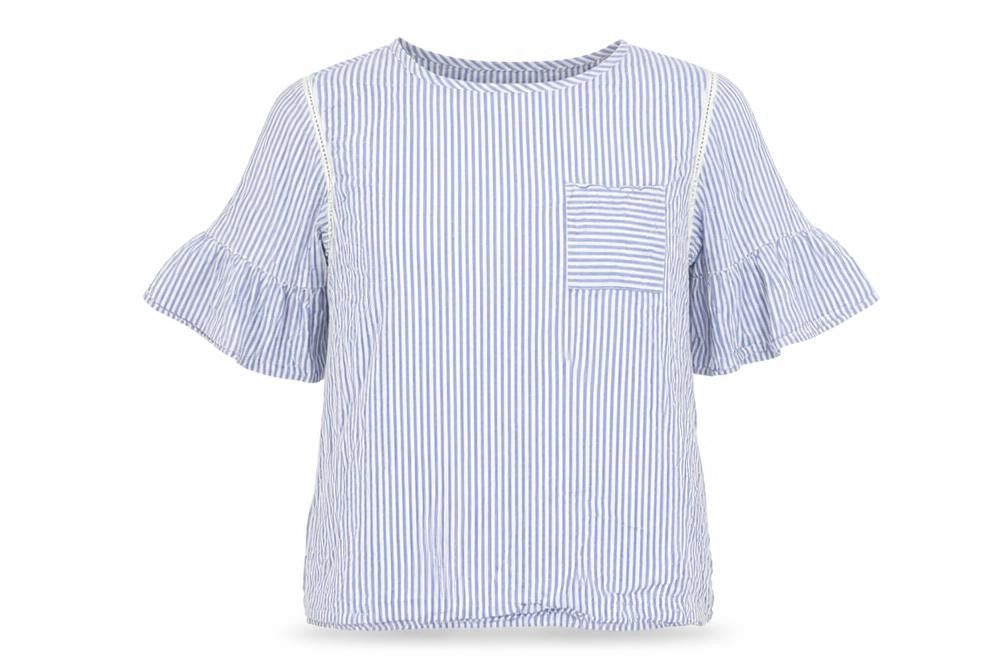 Front view of Next women’s blue striped basic blouse, size UK 10