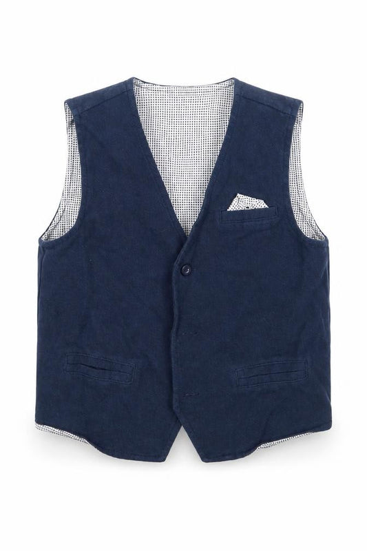 Front view of RJR.John Rocha boys’ blue jacket waistcoat, size 2-3, years