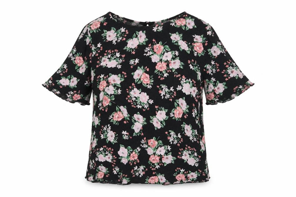 Front view of New Look women’s black floral basic blouse, size UK 10