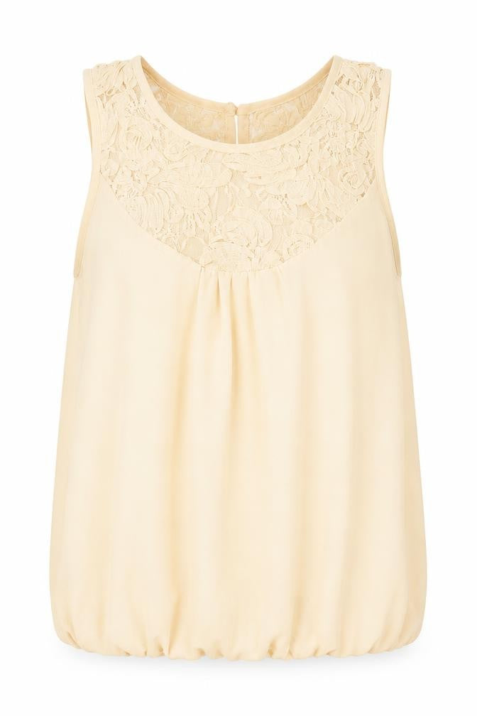 Front view of Dorothy Perkins women’s beige basic blouse, size UK 6, - lace neckline