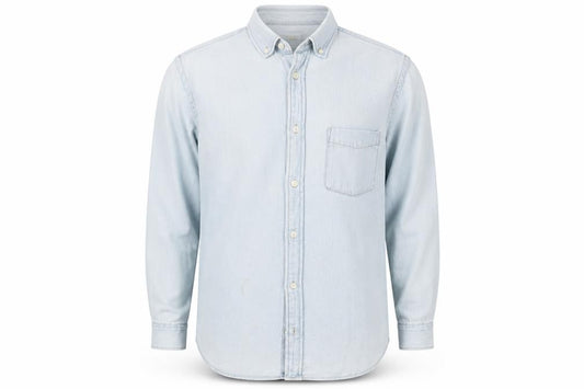 Front view of H&M men’s blue denim button-up, size S