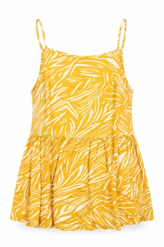 Front view of New Look women’s yellow animal print camisole t-shirt, size UK 12