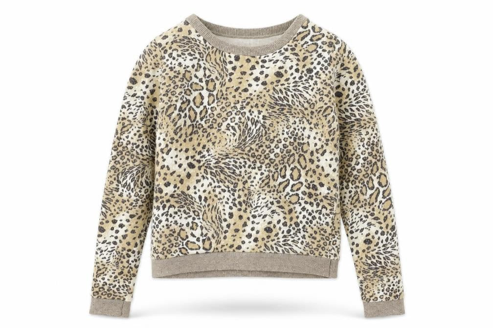 Front view of Internacionale girls’ brown animal print jersey pullover sweatshirt, size 10, years