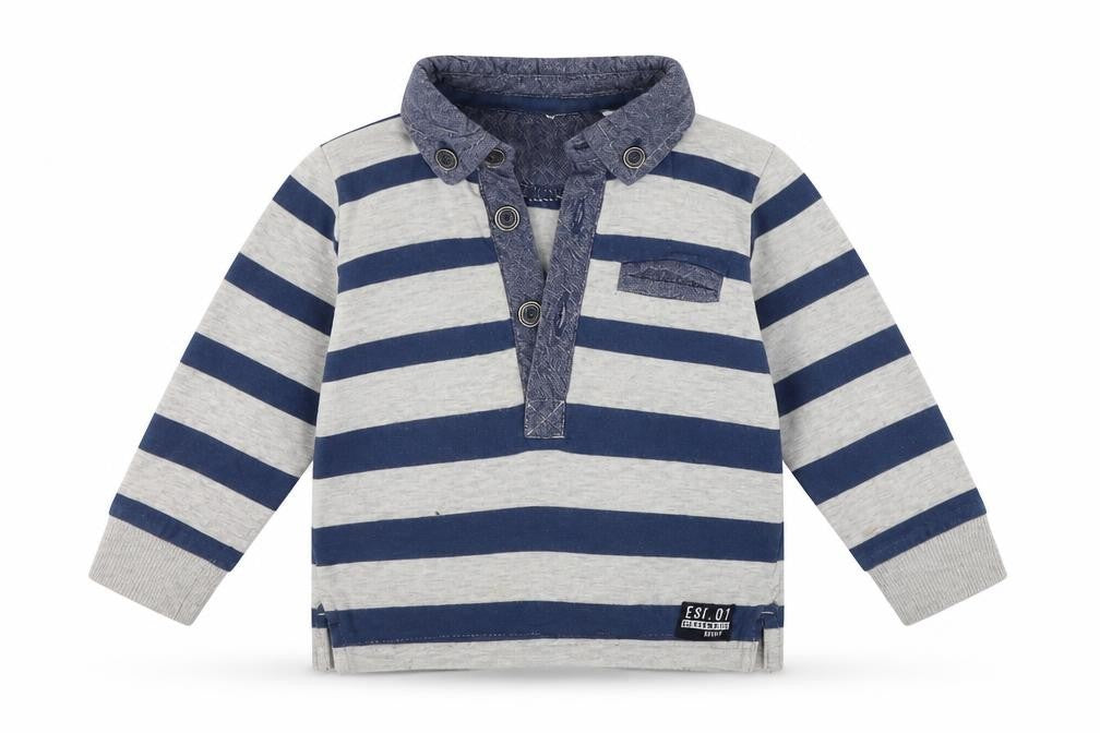 Front view of F&F boys’ blue striped basic t-shirt, size 3-6, months