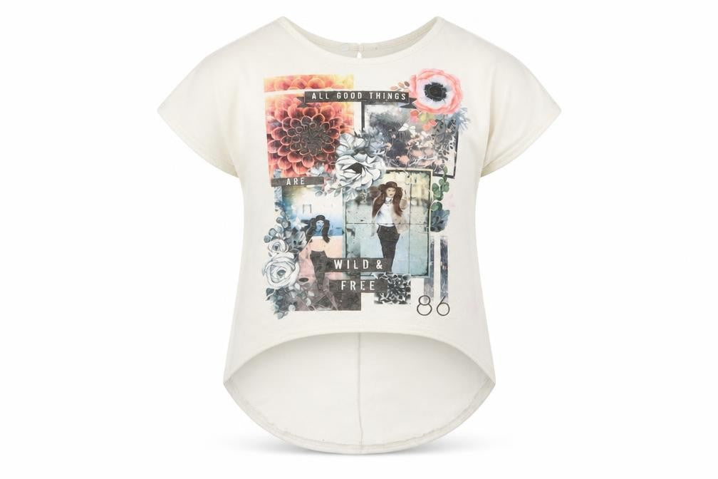 Front view of miss evie girls’ white floral basic t-shirt, size 7-8, years