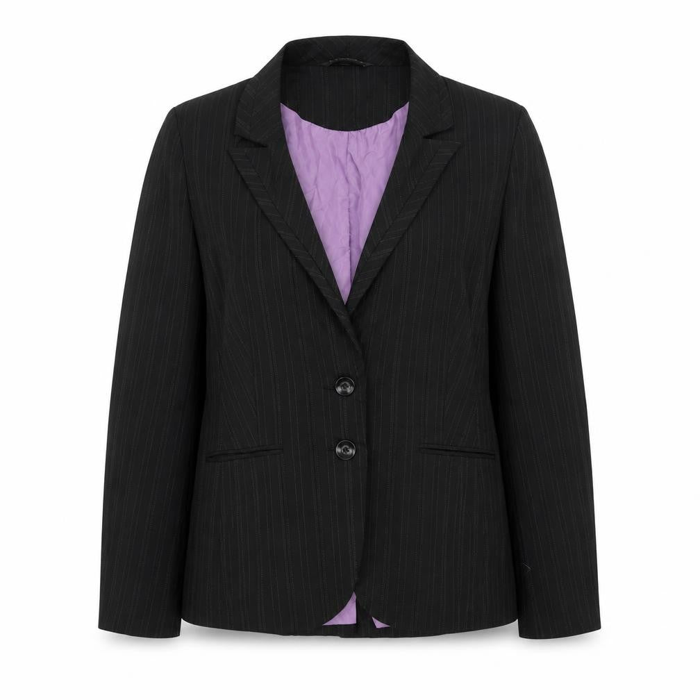 Front view of Sasha women’s black striped jacket blazer, size UK 16
