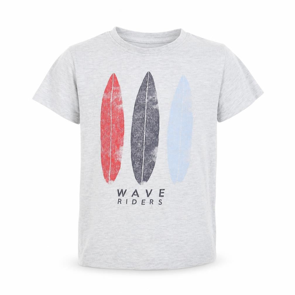 Front view of Primark boys’ grey basic t-shirt, size 3-4, years - surf boards