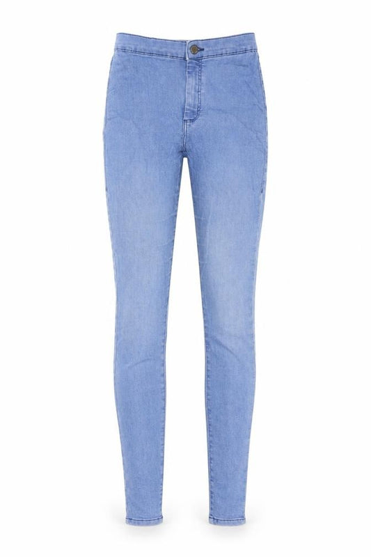 Front view of women’s blue denim skinny jeans, size UK 24, in, 29-inch leg