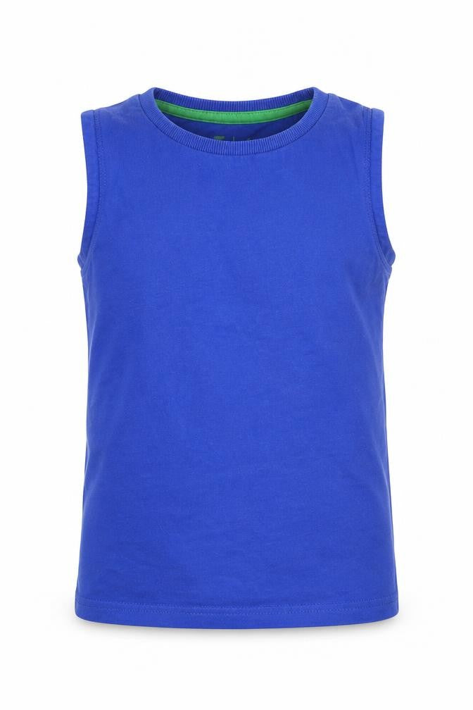 Front view of Tu boys’ blue basic tank, size 2-3, years